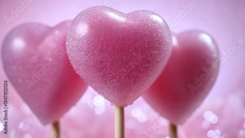 Three pink heart-shaped sugared treats on sticks
