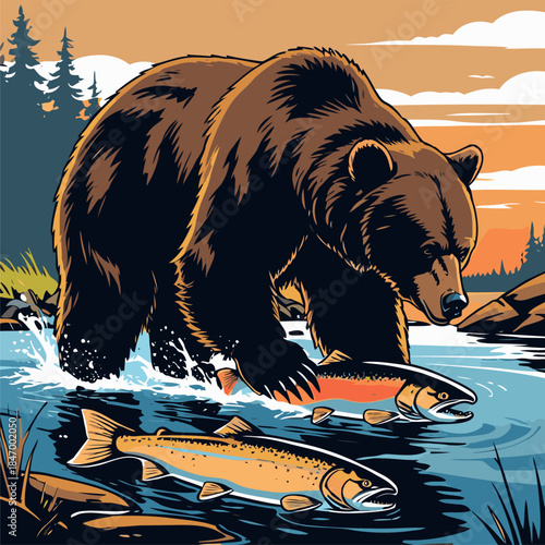 grizzly bear vector illustration in american comic style