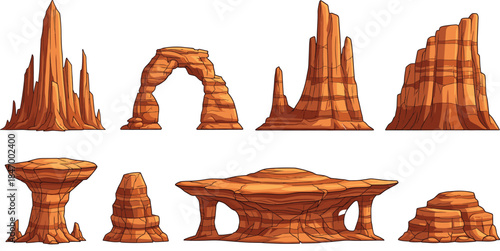 Stylized Desert Rock Formation Vector Set; Collection of Buttes, Mesas, Arches, and Spires for Canyon Landscape and Geology Design.