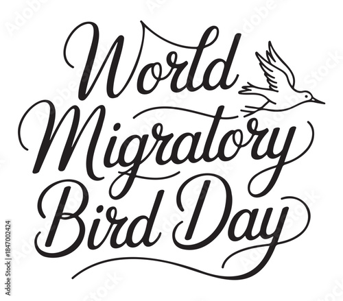World Migratory Bird Day Calligraphy with Flying Bird on a White Background