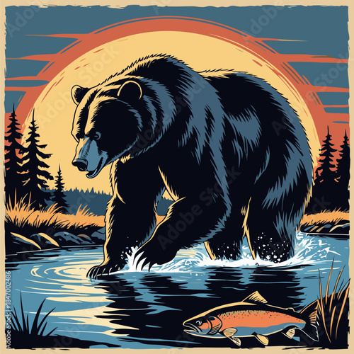 grizzly bear vector illustration in american comic style