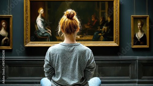 Person seated in art gallery, observing paintings