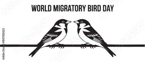 Two Birds Sitting on Wire, World Migratory Bird Day on a White Background