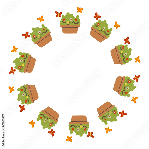 Spring flowers in a garden pot frame Vector illustration on the theme of gardening and floriculture Spring bulbous plants Botanical wreath