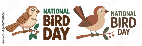 Brown Birds on Branches Celebrating National Bird Day on a White Background