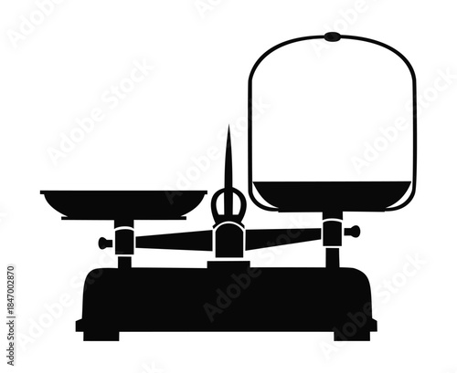 Vintage mechanical balance scale silhouette icon for weighing, measurement, pharmacy and precision tools