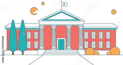 University building with flag and columns, academic institution vector illustration, red classical architecture, education symbol, college campus design