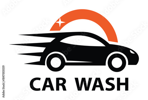 Professional car wash logo design with fast moving vehicle silhouette and orange shine spark icon for automotive detailing and cleaning services