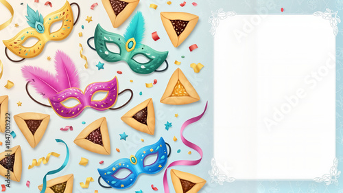 Colorful masks and triangular cookies decorated for celebration, Artistic card for Purim Holiday  