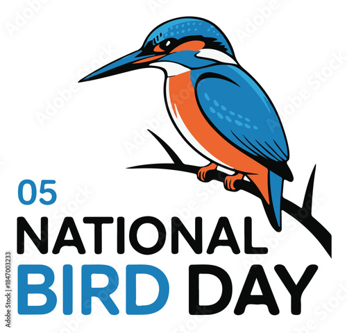 Blue Kingfisher Bird Perched on Branch Celebrating National Bird Day on a White Background