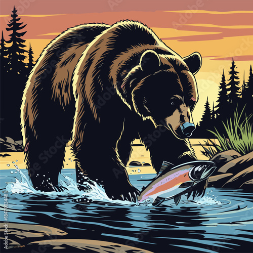 grizzly bear vector illustration in american comic style