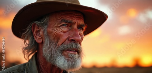 Elderly man wears Akubra hat during outback sunset. Rugged face shows weathered skin, grey beard. Person looks away, contemplating life. Rural Australia landscape backdrop.