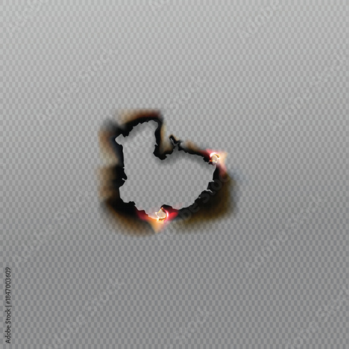 Realistic depiction of a small hole burned through gray textured paper with glowing embers visible
