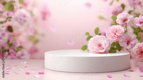 Soft pink flowers and scattered petals create a peaceful atmosphere around a round display base.