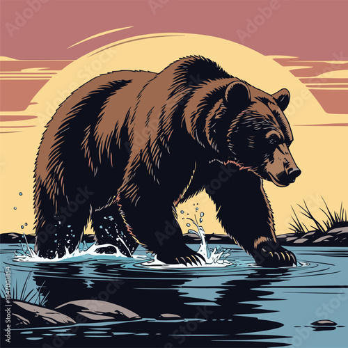 grizzly bear vector illustration in american comic style