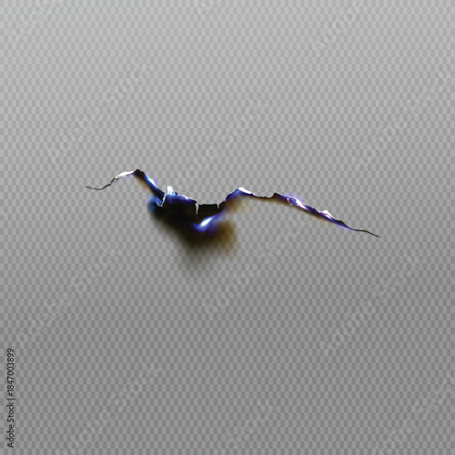 Extreme close up of a small crack or break in a textured light gray surface material background