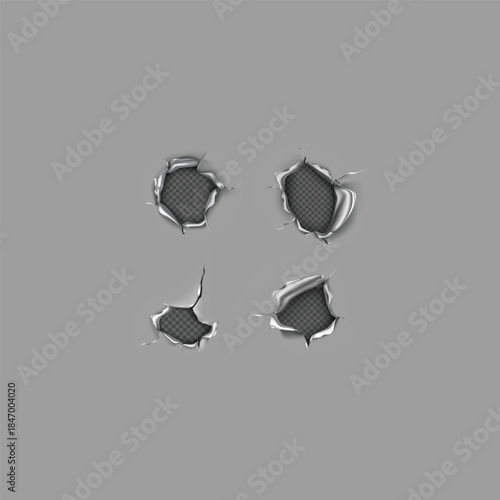 Four realistic metal bullet holes showing torn edges and underlying mesh texture on gray surface