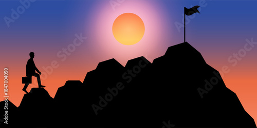Businessman Climbing to Peak of the Mountain Silhouette against Sunset. Goal Achievement and Business Success Concept. Vector Illustration.