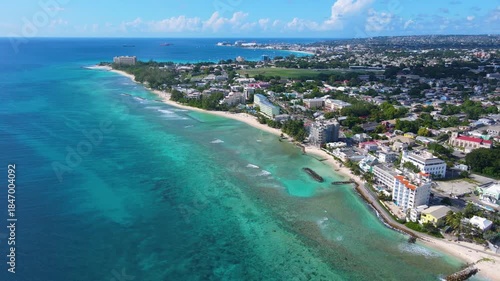 Hastings Beach aerial view at Hastings Rocks Park including Hotel Indigo at South Coast in village of Hastings, Christ Church, Barbados. 
