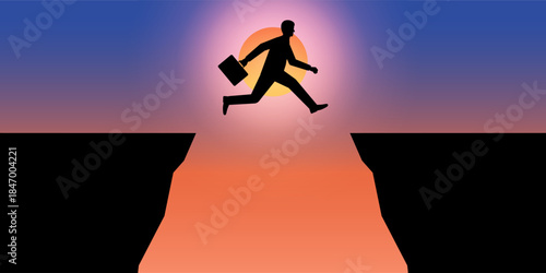 Businessman Jump over a Cliff Silhouette against Sunset. Goal Achievement and Business Success Concept. Vector Illustration.