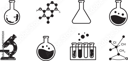 Minimal Laboratory and Science Icon Set with Test Tubes, Microscope, Chemistry Flasks and Molecular Structure Line Icons