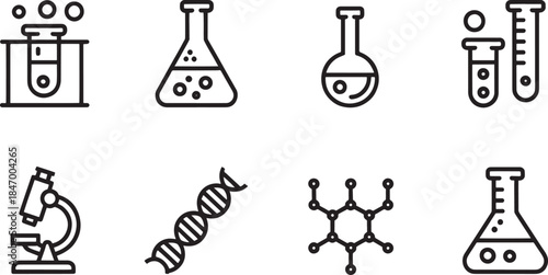 Minimal Laboratory and Science Icon Set with Test Tubes, Microscope, Chemistry Flasks and Molecular Structure Line Icons