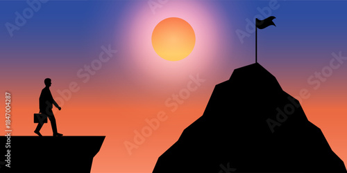 Businessman Walking to Peak of the Mountain Silhouette against Sunset. Goal Achievement and Business Success Concept. Vector Illustration.