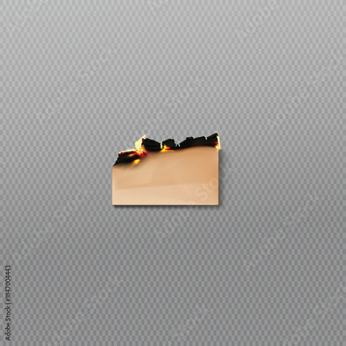Small rectangular piece of paper burns with a dark charred edge against a gray background