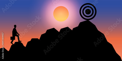 Businessman Climbing to Peak of the Mountain to Reach Target Silhouette against Sunset. Goal Achievement and Business Success Concept. Vector Illustration.