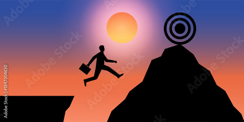 Businessman Jumping to Peak of the Mountain to reach Target Silhouette against Sunset. Goal Achievement and Business Success Concept. 