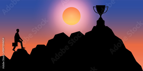 Businessman Climbing to Peak of the Mountain to get Trophy against Sunset. Goal Achievement and Business Success Concept. 
