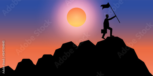 Businessman Reach the top of the Mountain with Victory Flag Silhouette against Sunset. Goal Achievement and Business Success Concept. 