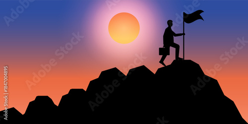 Businessman Reach the top of the Mountain with Victory Flag Silhouette against Sunset. Goal Achievement and Business Success Concept. 