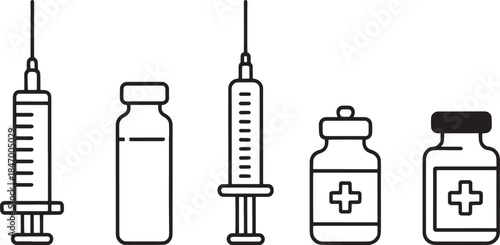 Syringe and Medicine Vial Icon Set in Black Line Style for Medical, Vaccine and Healthcare Design