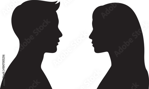 Male and Female Face to Face Silhouette Profile Illustration in Black on White Background