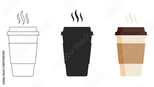 three disposable paper coffee cups with steam in outline silhouette and color vector styles