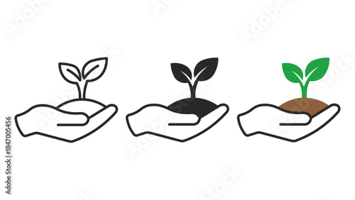 three vector icons of hand holding growing plant sprout in outline silhouette and color styles