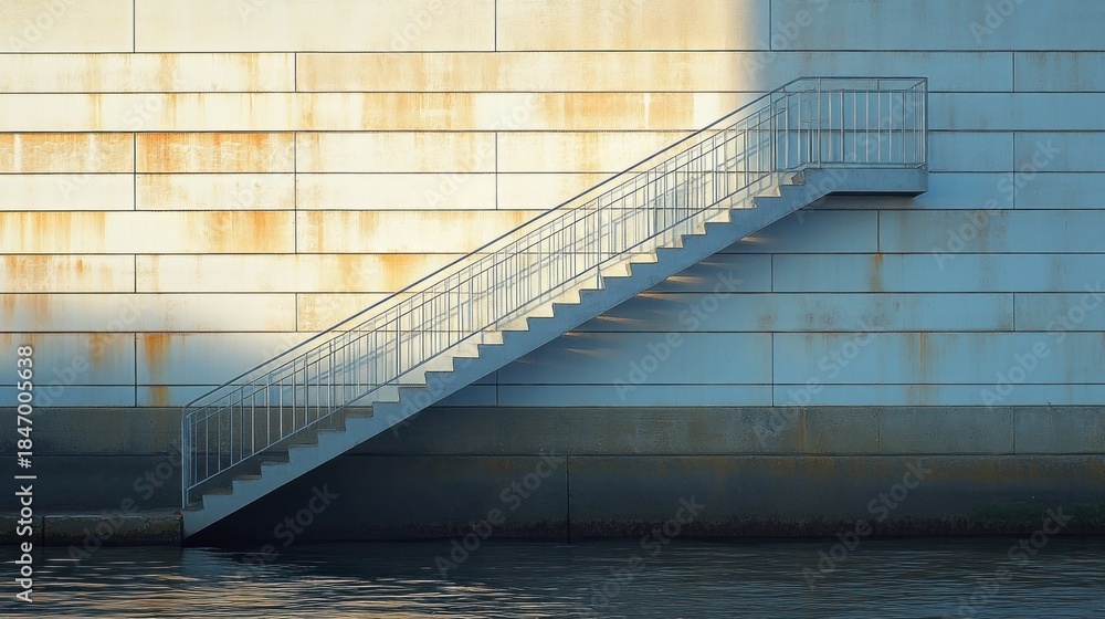 Fototapeta premium Exterior metal stairs beside a weathered wall near water