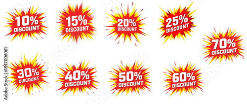 Red and yellow sale icon pack. Clean vector illustration of colorful discount tags for offers, clearances, and store branding.