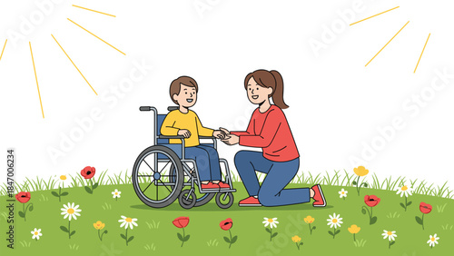 A caring woman kneels and holds the hands of a young boy in a wheelchair, enjoying a sunny day in a field of wildflowers.