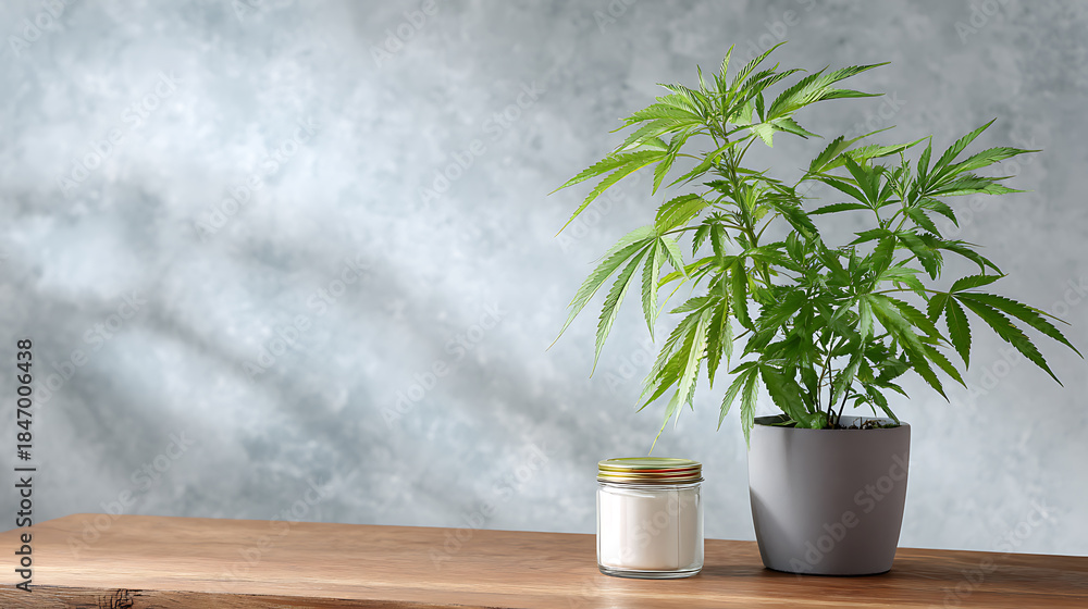 Fototapeta premium Cannabis plant in pot on wooden table and concrete wall background