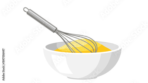 A stainless steel whisk is actively mixing a bright yellow batter inside a white ceramic bowl, suggesting baking or cooking preparation.