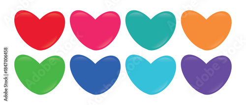 Set of glossy, colorful, plump heart icons in various vibrant colors
