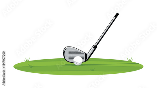 Golf club poised to strike a white golf ball resting on a vibrant green turf, illustrating the sport's precision and focus.