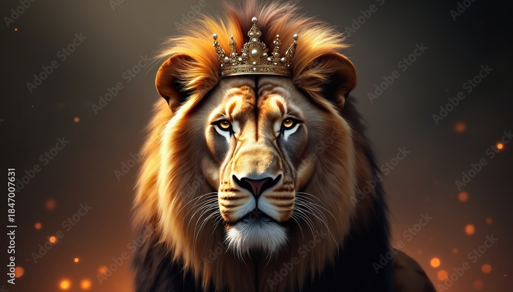 Fototapeta premium Majestic lion wears ornate golden crown looking forward intensely. Regal king of beasts symbol with majestic mane. Powerful animal representation, royal emblem.