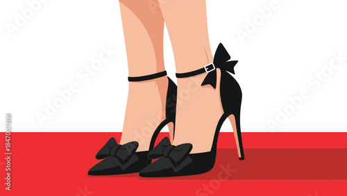 Elegant black high heels with ankle straps and bows are displayed on a red carpet, symbolizing fashion and luxury.