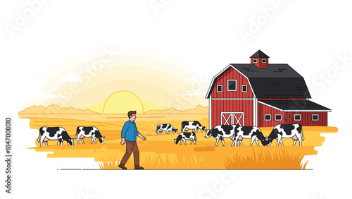 Farmer walks through a pasture with black and white cows grazing near a classic red barn at sunset.