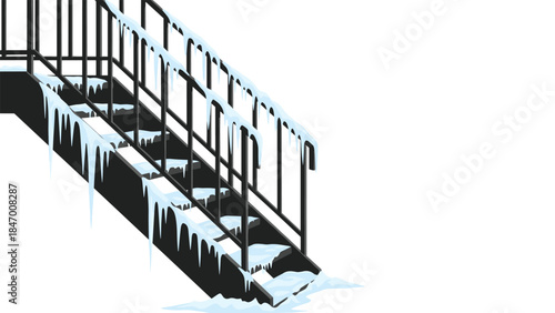 Icy outdoor metal staircase descends with thick icicles hanging from steps and railings, creating a winter hazard.