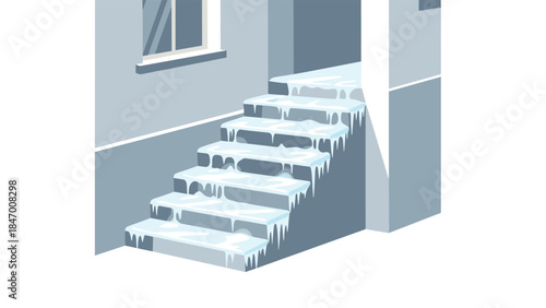 Icy outdoor steps leading to a doorway present a winter hazard and require caution during cold weather conditions.
