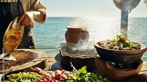 Chef Prepares Fresh Seafood by the Ocean for a Delicious Outdoor Meal.